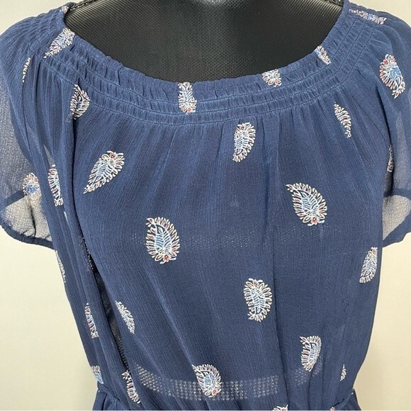 Daisy Fuentes Gaya Evening Dress Sheer Feather Midi Navy Blue Size Large - Picture 4 of 8